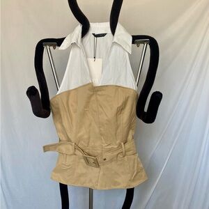 Zara White and Tan Halter Blouse with Belt